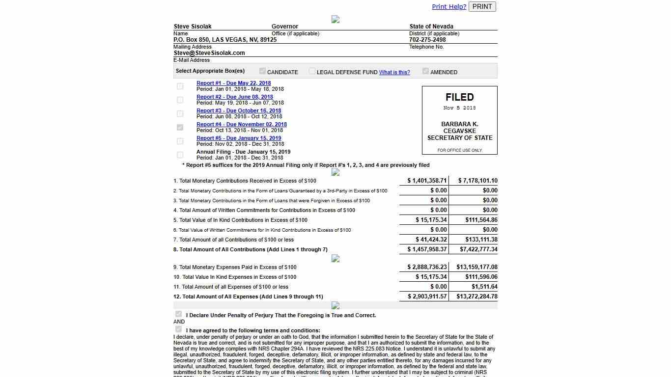 2018 Contributions & Expenses Report #4 (Amended) - Secretary of State of Nevada